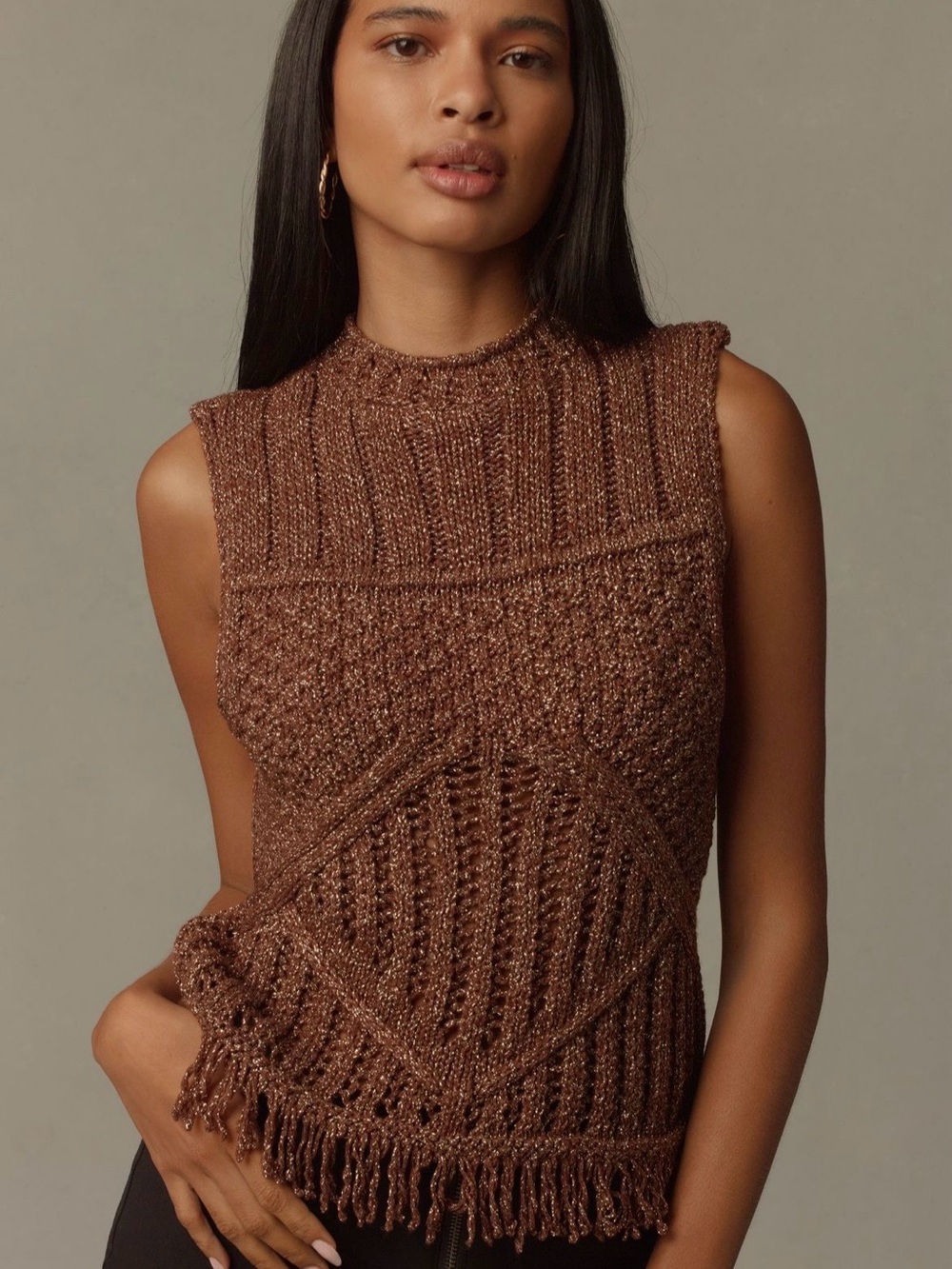 Anthropologie Brown Textured Knit Fringe Sleeveless Sweater